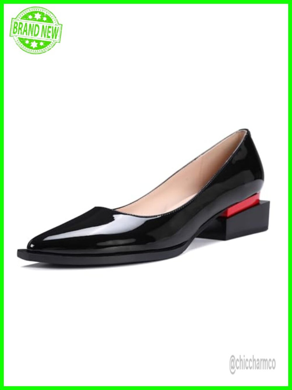 Women's Chunky Heel Pumps Patent Leather Block Heels Pointed Toe Work Wedding